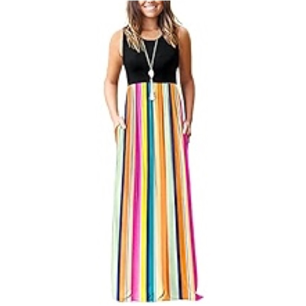 Striped Colorful Jersey Summer Maxi Dress W/ Pockets Size XL